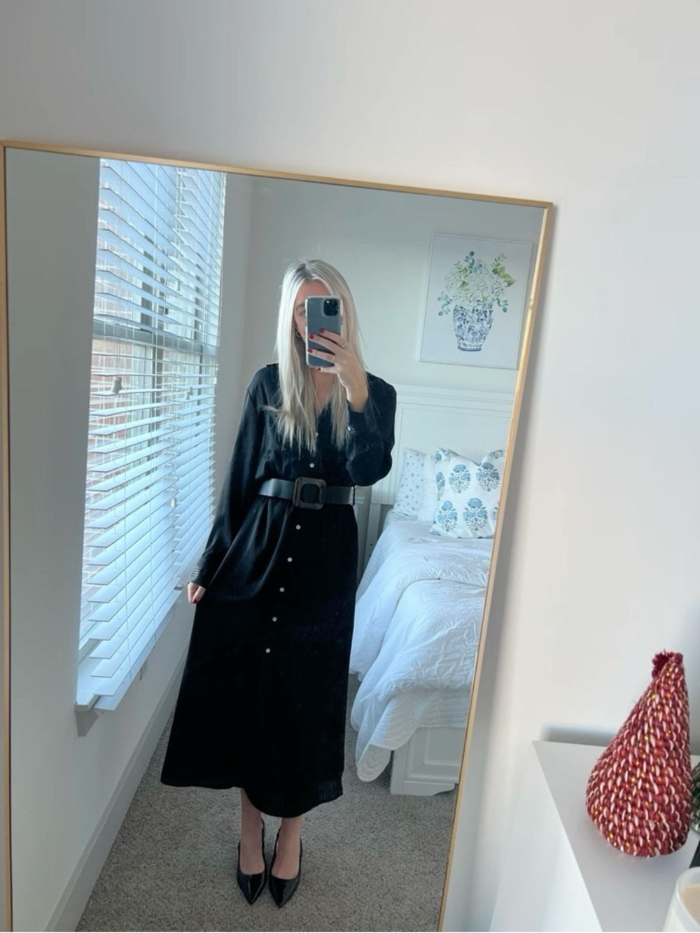 Black Long Button-Front Belted Midi Dress